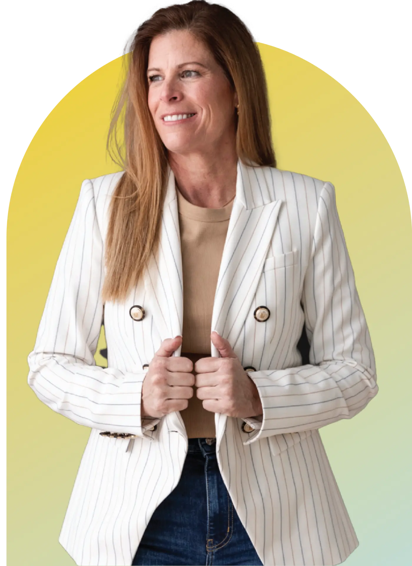 Chantell Preston in a white pinstripe blazer